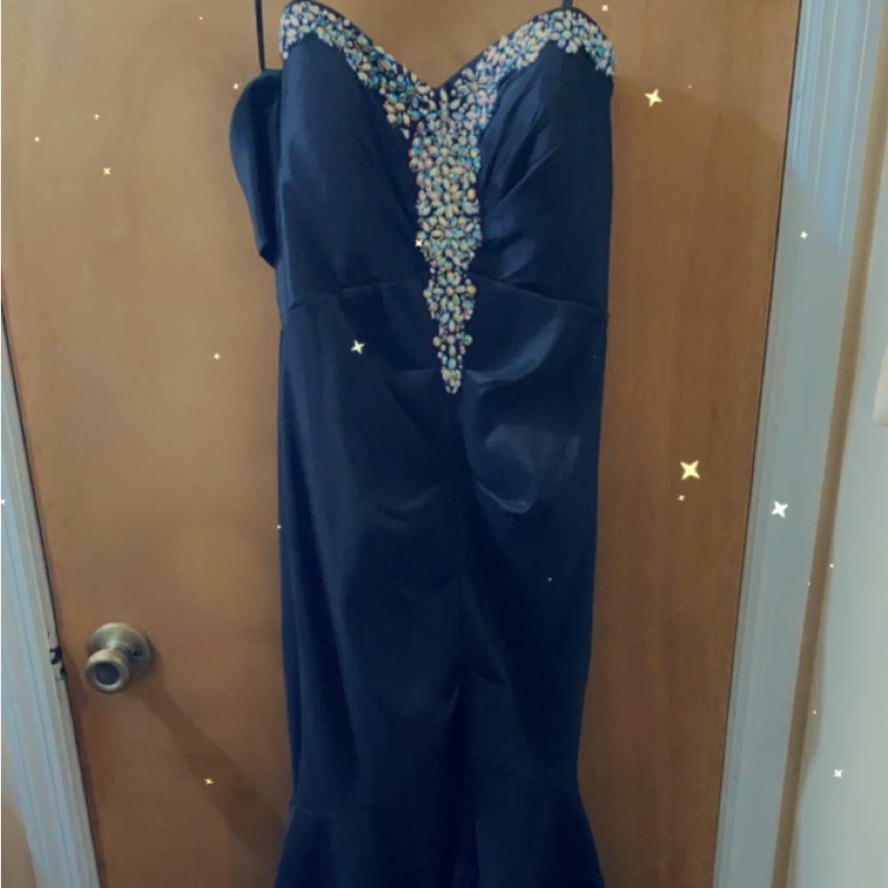 Black bridesmaid dress with blinged out top, scrunched front bottom, small train